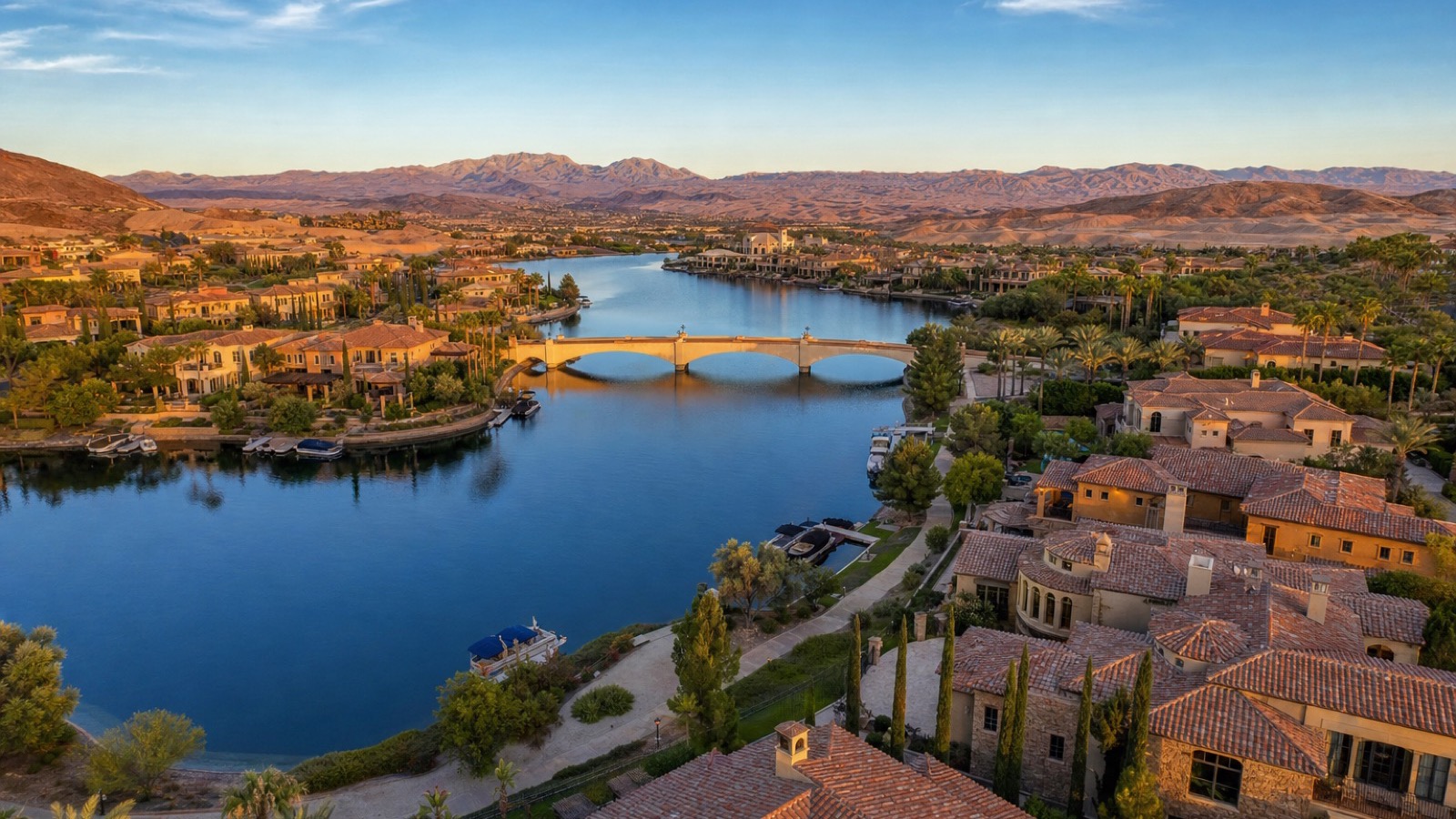 Lake Mead overlook near Boulder City Nevada with marina and desert mountains