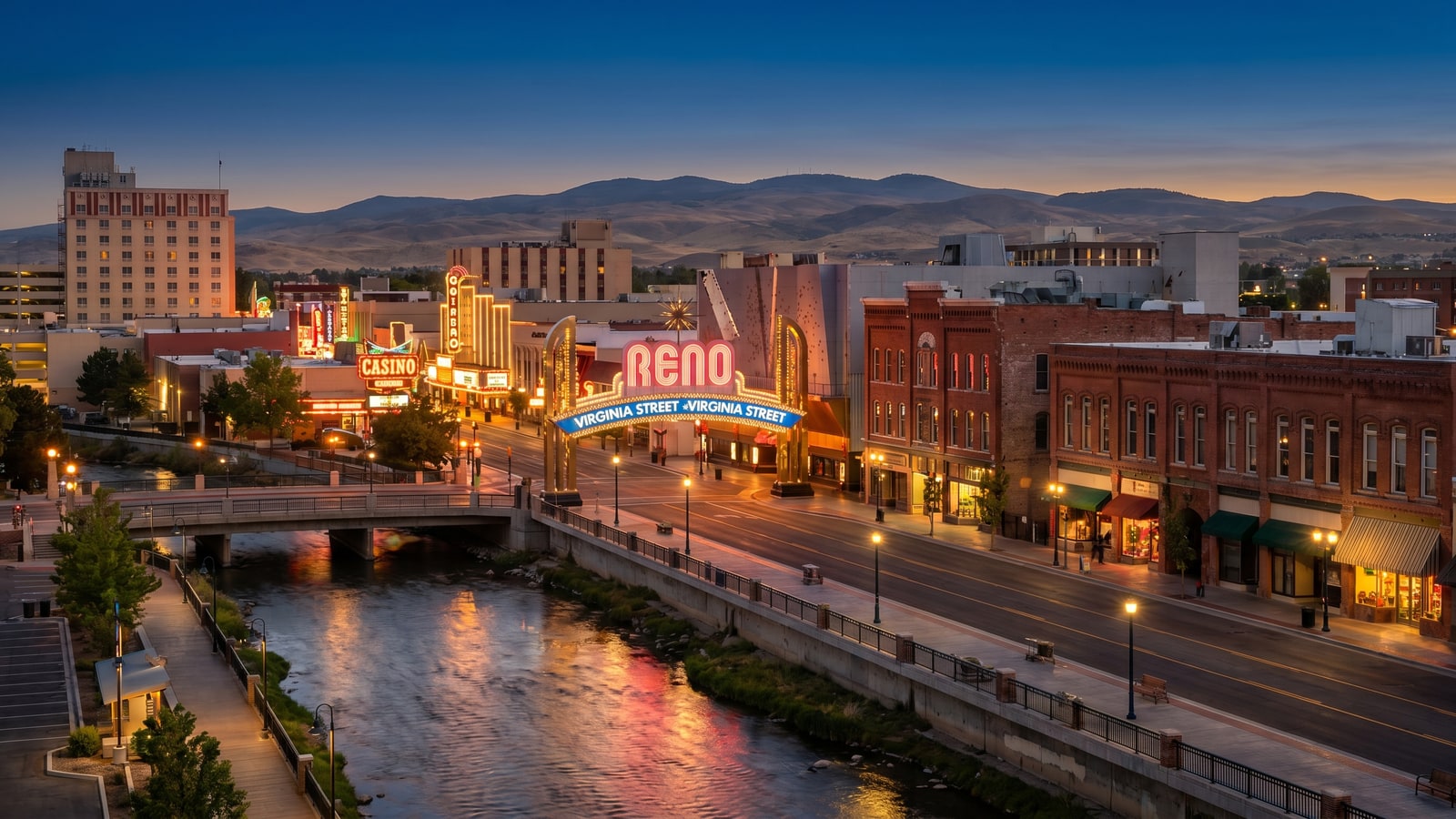 Downtown Reno arch and Truckee River at dusk — Reno luxury real estate market 2026