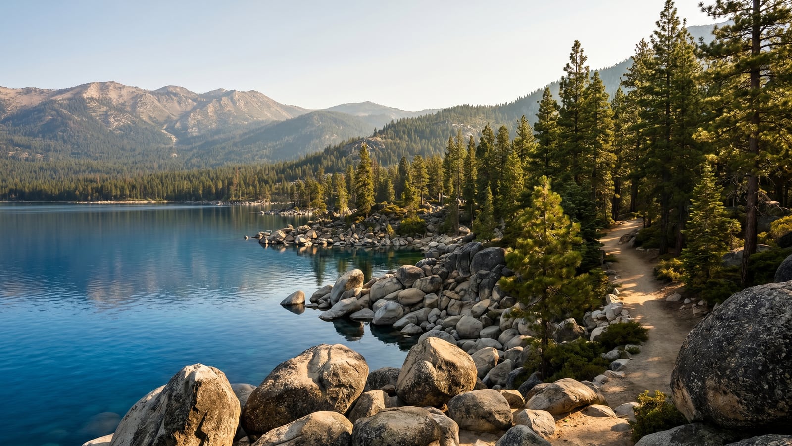 Lake Tahoe's deep blue alpine water ringed by pine forest and Sierra Nevada peaks, about 45 minutes from Reno, Nevada