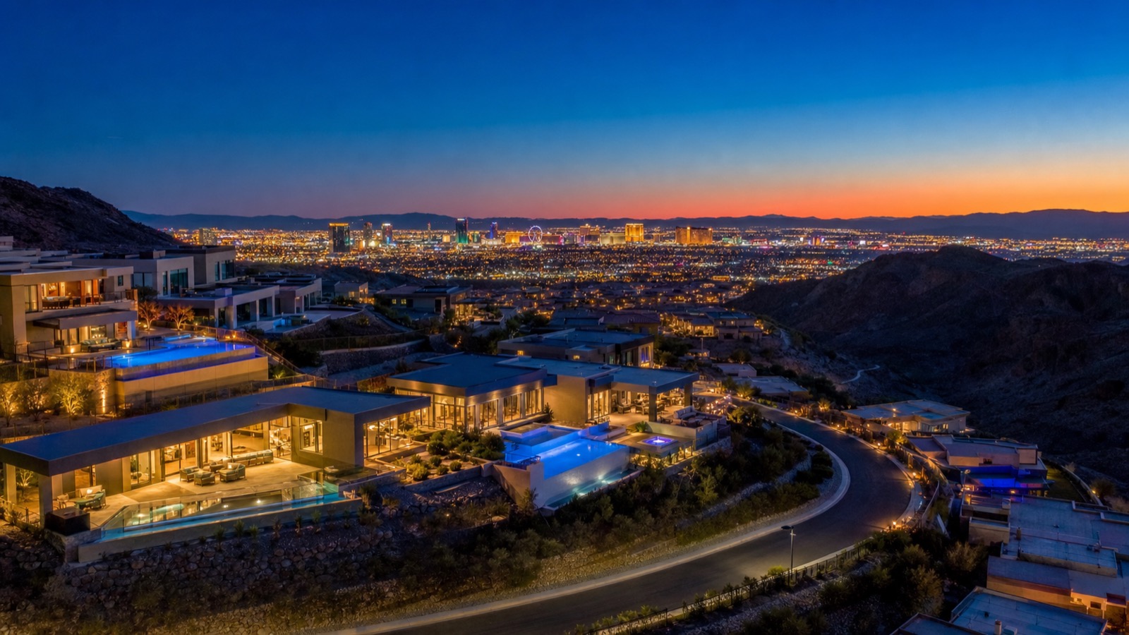 Madeira Canyon Henderson upper-hillside estate with Las Vegas Strip view at twilight