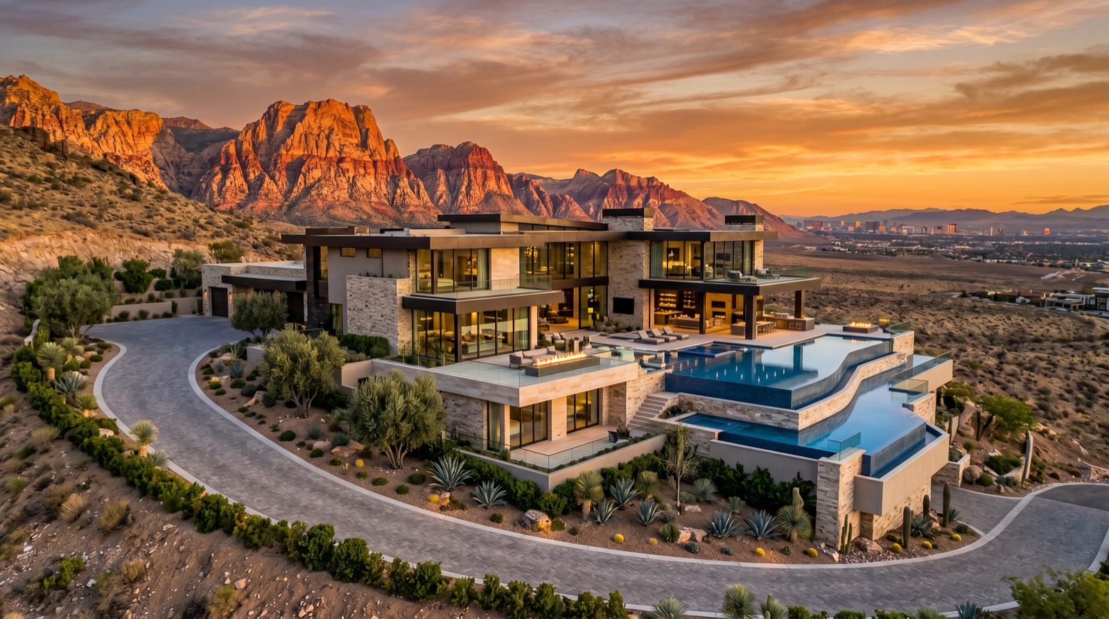 Aerial view of a custom luxury hillside estate inside Red Rock Country Club Summerlin