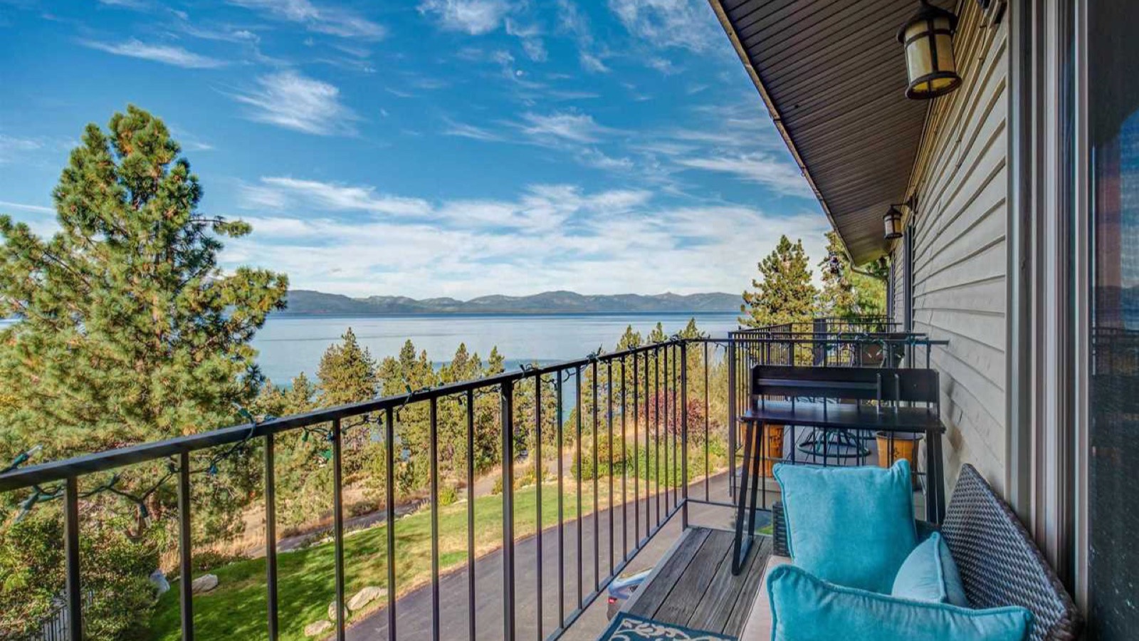 Lake Tahoe Nevada east shore mountain forests and shoreline — Glenbrook community aerial view