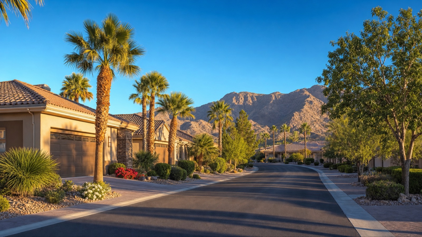 Trilogy Sunstone northwest Las Vegas 55-plus master plan streetscape with single-story homes and mountain backdrop