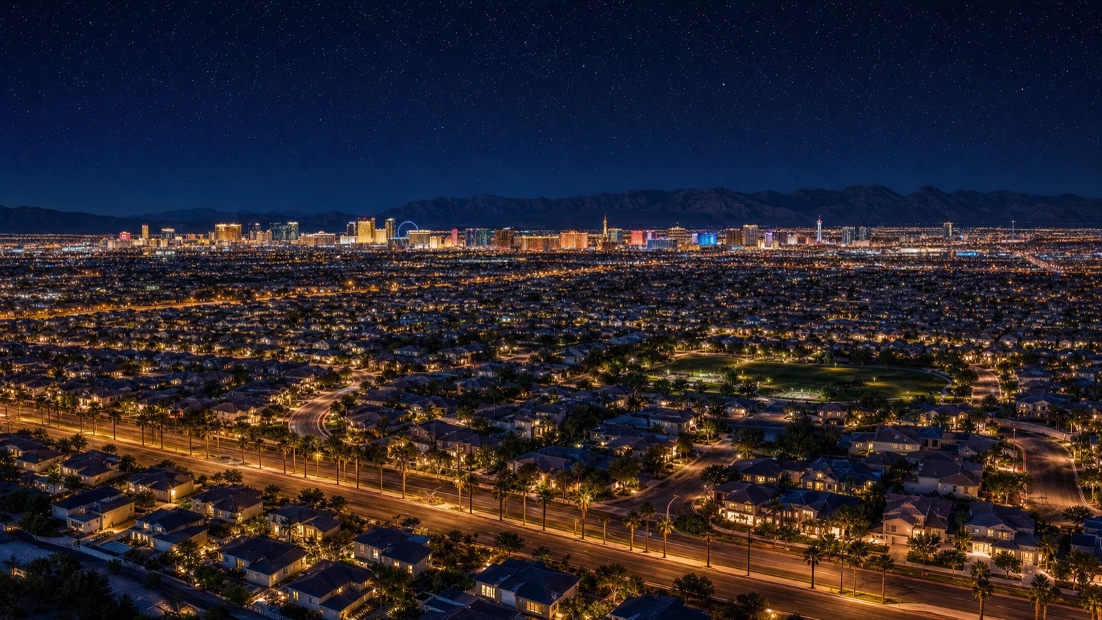 Las Vegas Strip skyline at night showing the Wynn and Encore resorts adjacent to Turnberry Place with the Strip-corridor luxury residential context